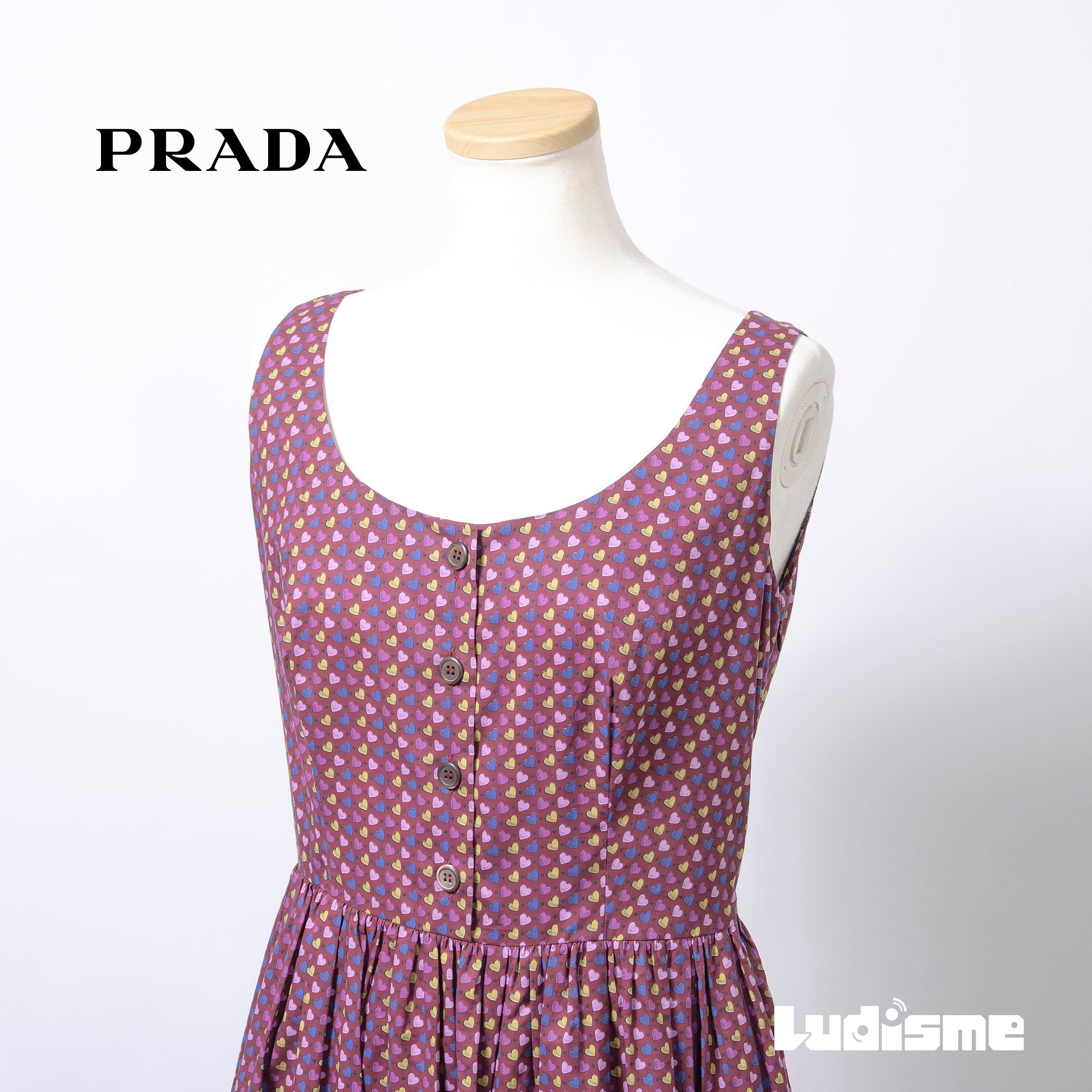 プラダ PRADA ノースリーブワンピース ハート柄 総柄 レディース 40 イタリア製 フロントボタン ギャザー フレアワンピース ひざ丈 Aライン