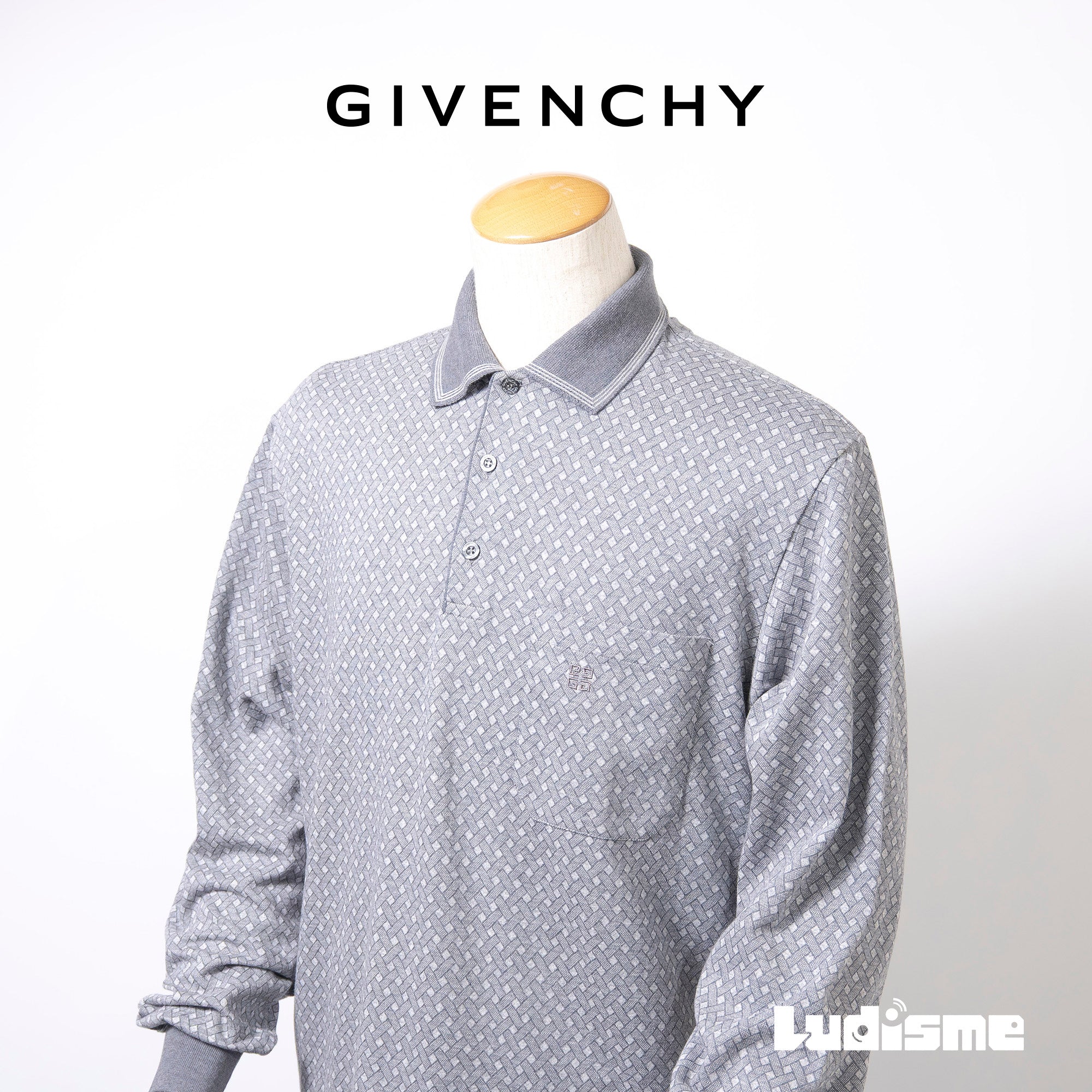 ジバンシィ GIVENCHY GIVENCHY PARIS ロングスリーブ コットンニットポロ グレー メンズ 長袖ポロシャツ 総柄 4Gロゴ 刺繍ロゴ イタリア製